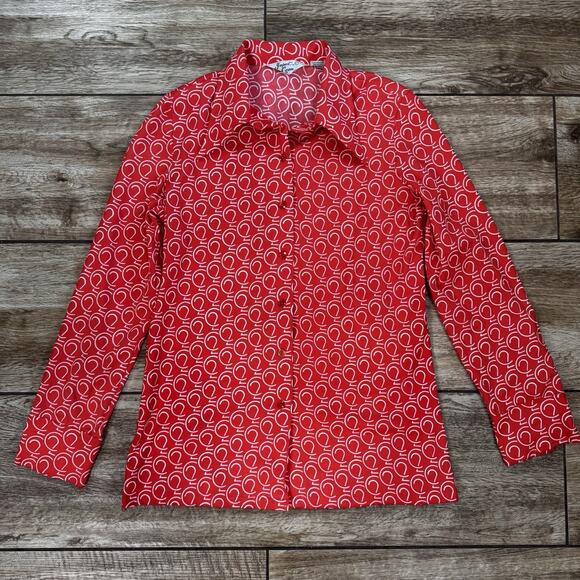 70s Import Corner Red White modernist Geo Print polyester blouse S/M - Picture 13 of 13